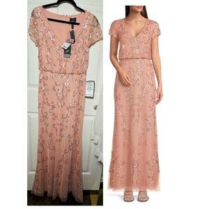 Adrianna Papell V-Neck Beaded Short-Sleeve Gown in Peachy Coral Coast Size 2 NWT